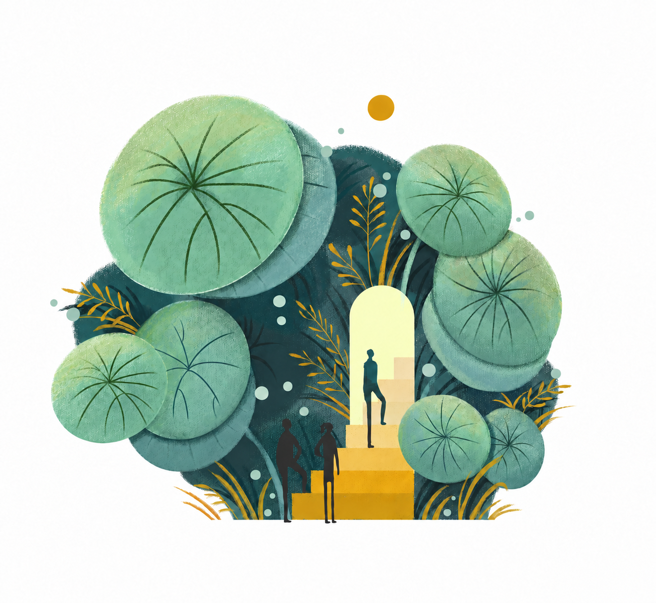 早期原作优化版：巨大的绿色圆叶围绕金黄色阶梯与浅黄色拱门，三个人影站在阶梯旁